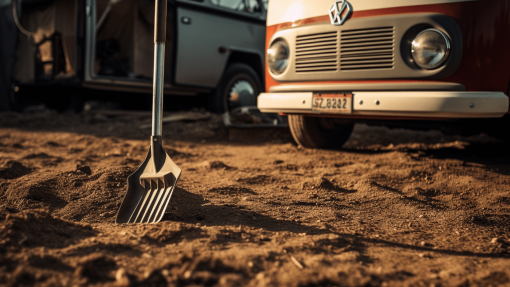 Ein Klappspaten lehnt gegen einen Campingwagen