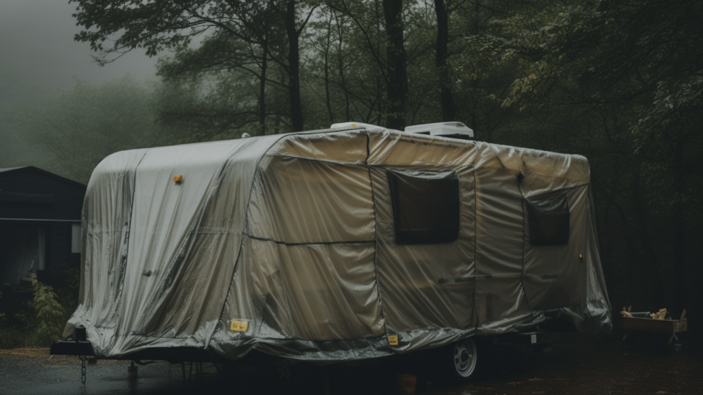 Caravan Schutzhülle auf einem Camper im Regen